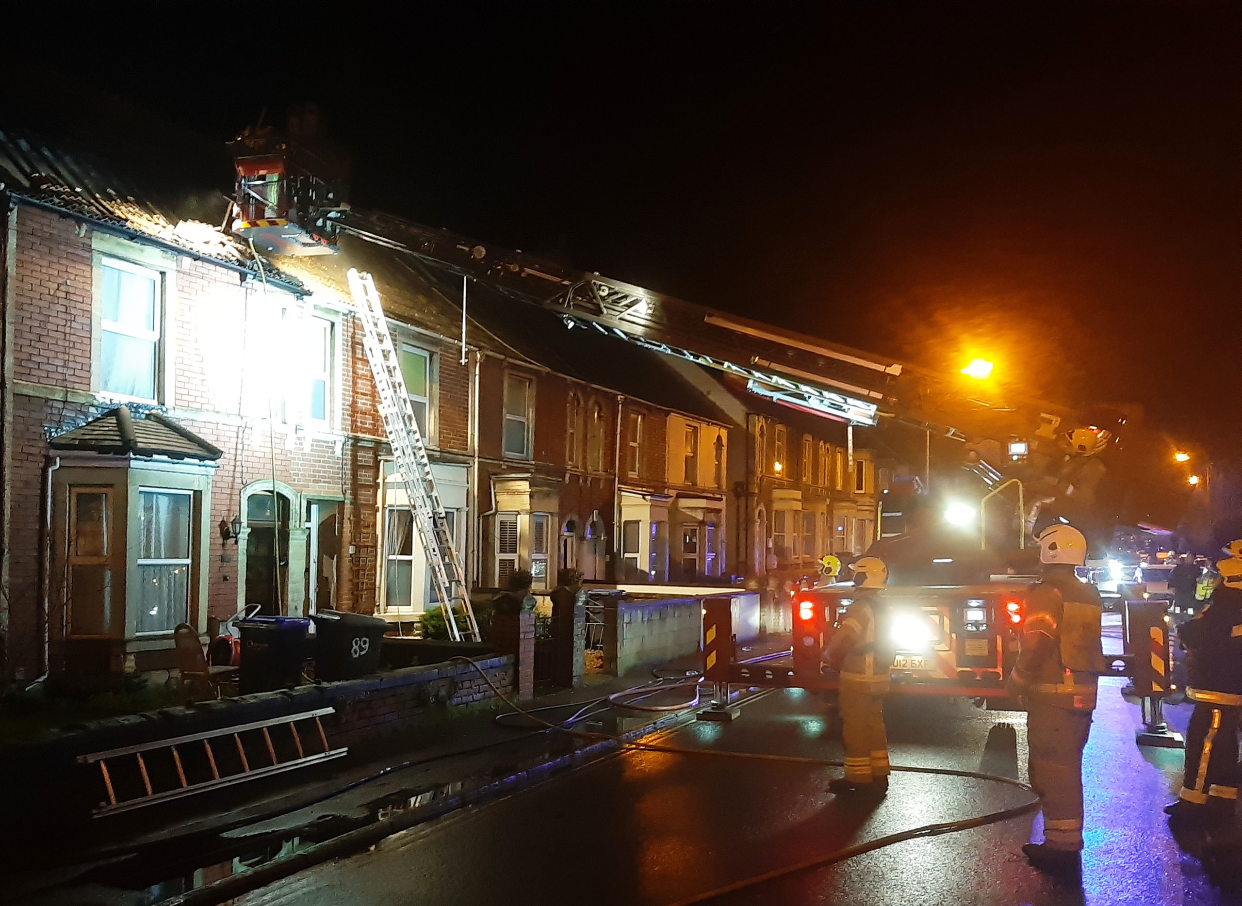 The aerial ladder platform is used to access the roof of the property on fire