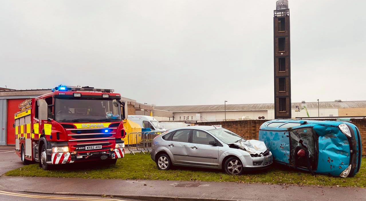 Crashed vehicle display outside Salisbury fire station