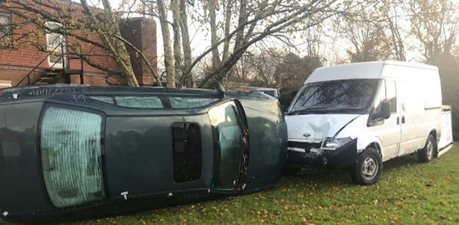 Crashed vehicle display outside Stratton fire station