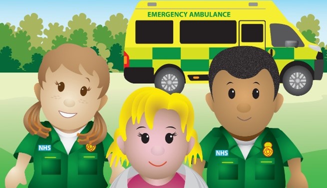 Cartoon image of ambulance crews looking after a child who fell in the water