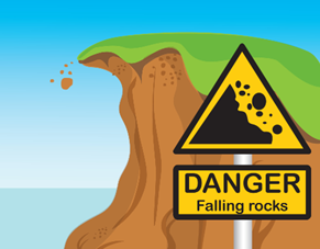 Cartoon cliff edge with "Falling Rocks" sign