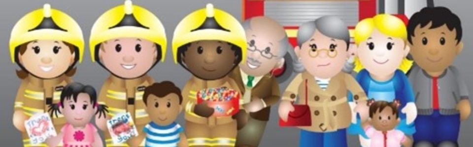 Cartoon image of firefighters alongside a family outside of a fire station