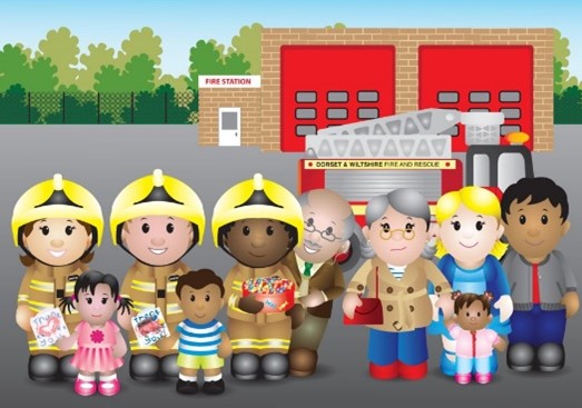 Cartoon image of three children stood with their parents and grandparents alongside three firefighters in front of a fire engine on a fire station