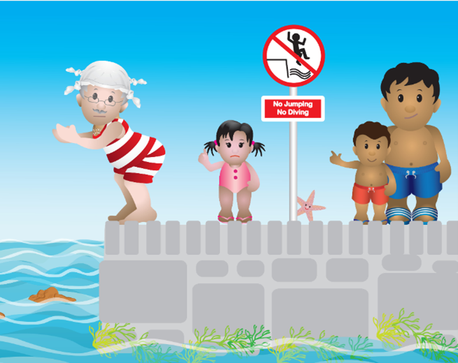Cartoon image of the character "Grandad" jumping into the sea by a sign which reads "No jumping or diving".