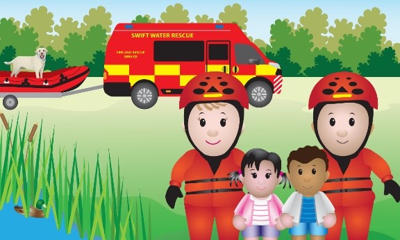 Cartoon image from the story "Safe by the River" of a water rescue team, saving a dog and two children. 