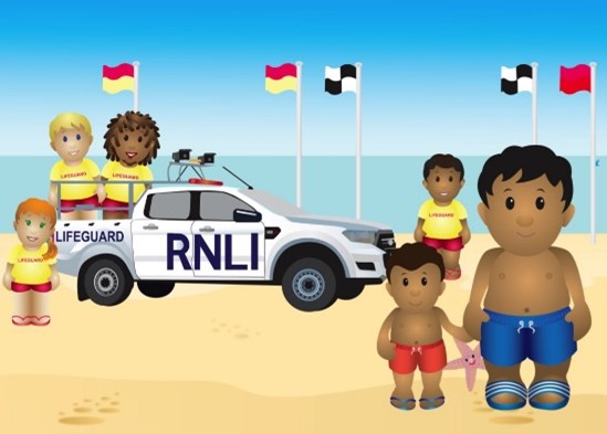 Cartoon image from the story "Safe by the sea" of lifeguards stood on the back of a truck reading "RNLI" on the beach, surrounded by a variety of flags..