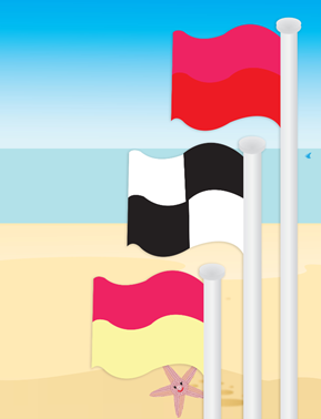 A red flag, a black and white checkered flag, and a red and yellow flat on a beach.