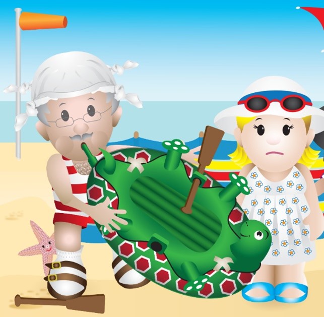 Cartoon image of "Grandad" with an inflatable turtle at the beach