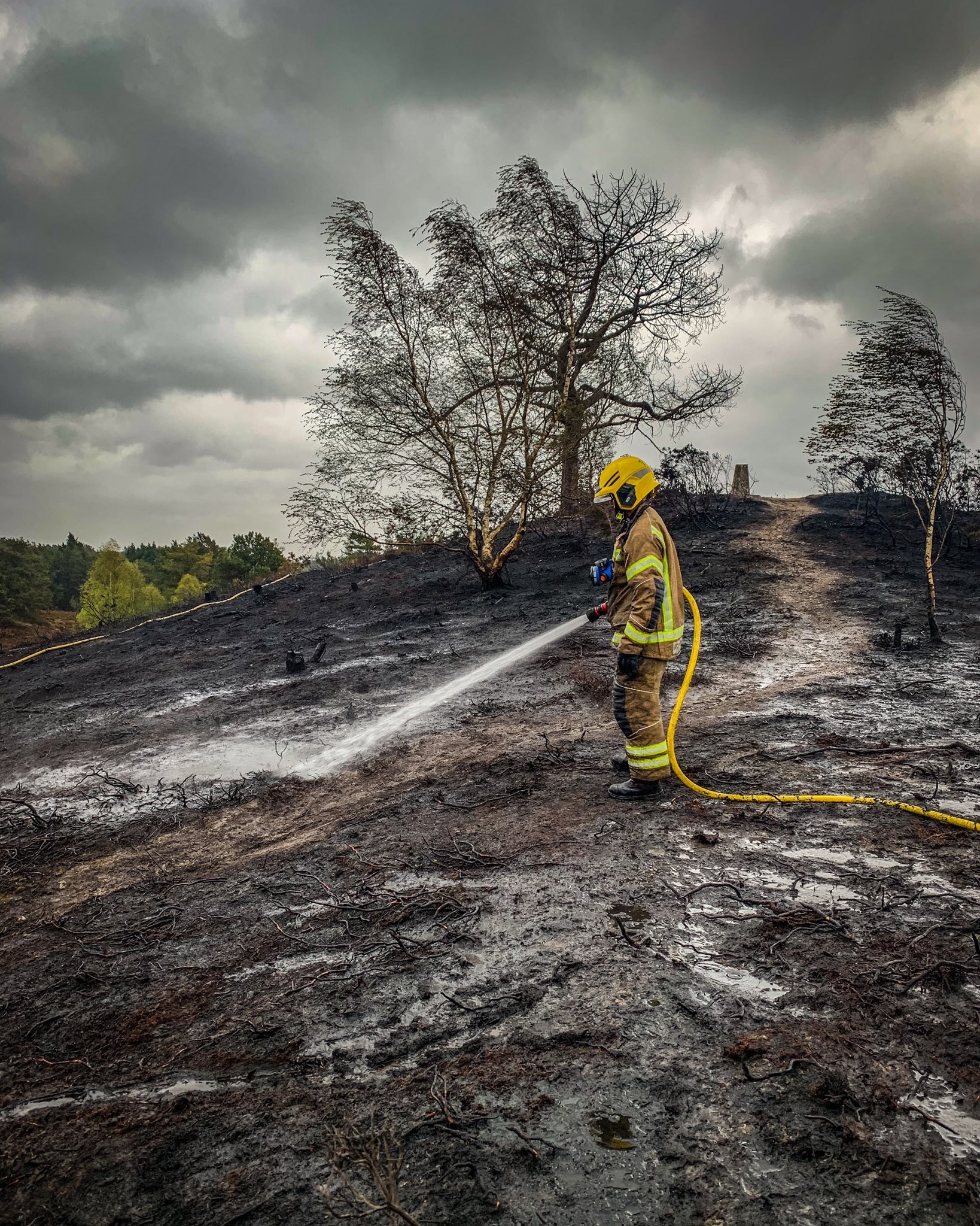 Firefighterusing hose to dampen down charred ground