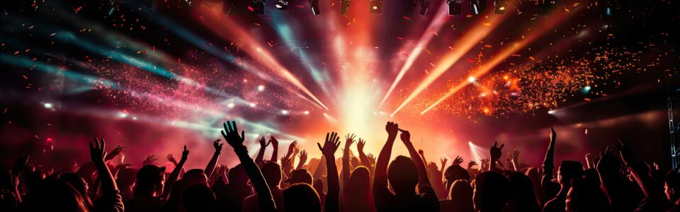 Concert crowd with colorful stage lights and confetti